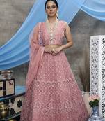 Pink embroidered net semi stitched lehenga