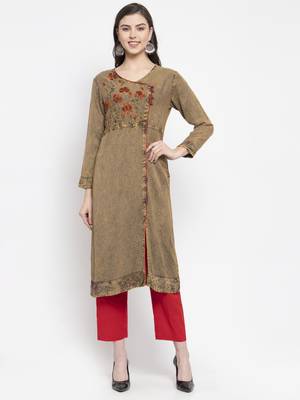 Beige embroidered rayon kurtas-and-kurtis 1