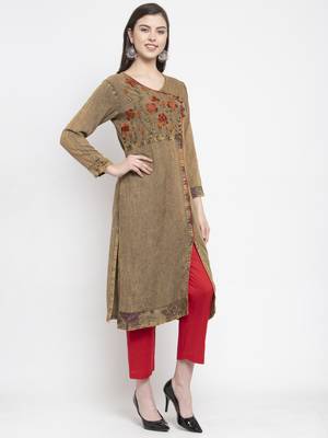 Beige embroidered rayon kurtas-and-kurtis 3