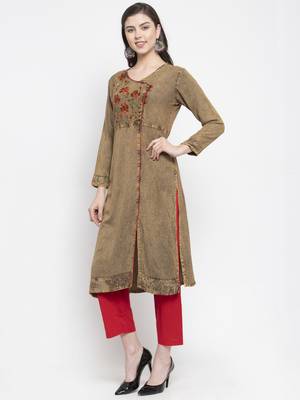 Beige embroidered rayon kurtas-and-kurtis 4