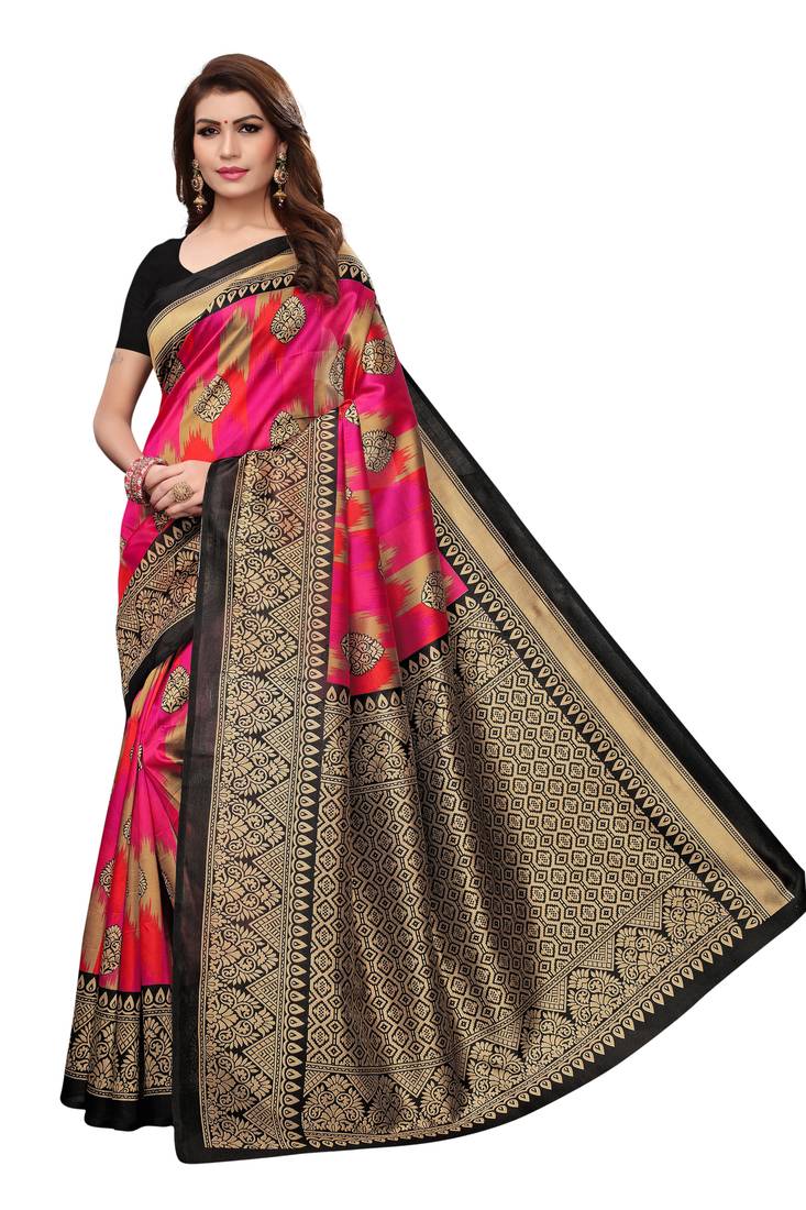 multicolor printed art silk saree with blouse
