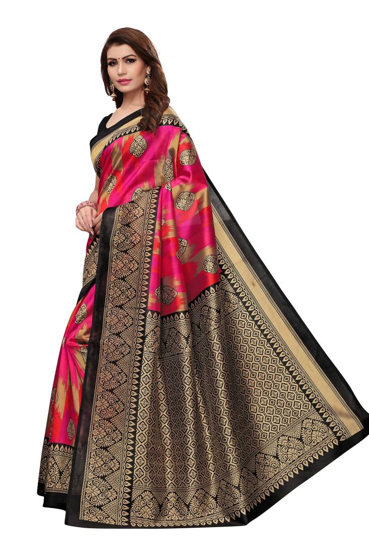 multicolor printed art silk saree with blouse
