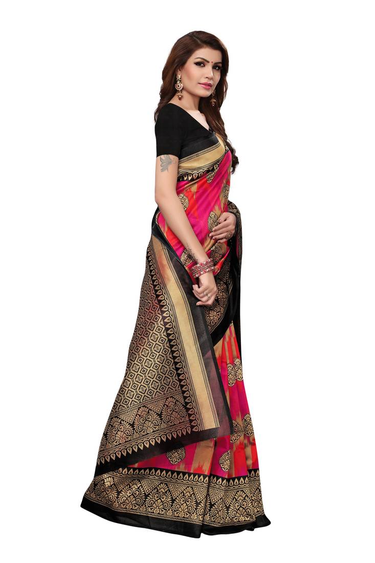 multicolor printed art silk saree with blouse