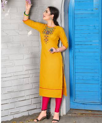 yellow embroidered cotton kurti 1