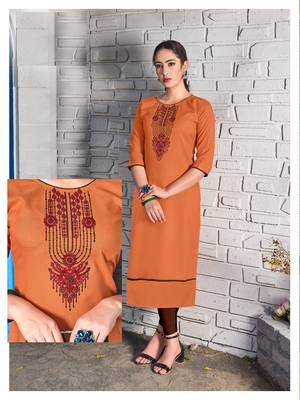 orange embroidered cotton kurti 1