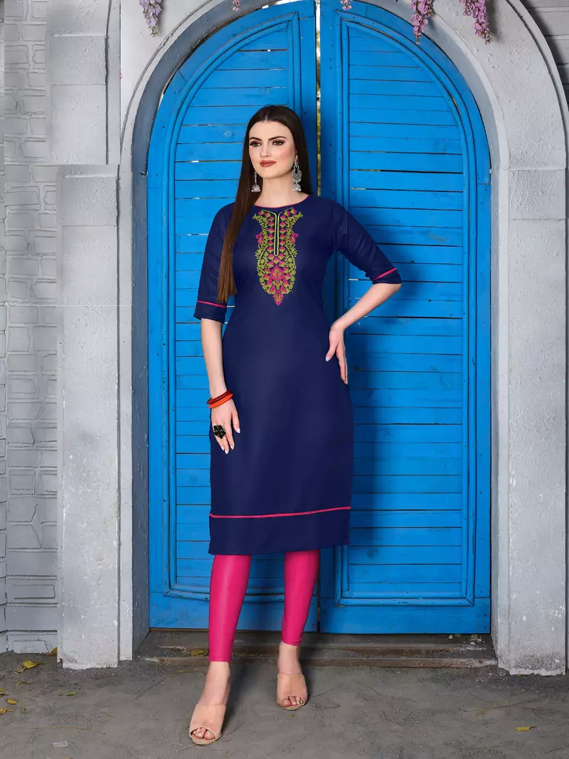 blue embroidered cotton kurti