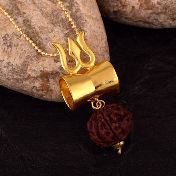 Lord Shiv Special Designer Damru Trishul Pendant With Five Mukhi Rudraksha Pendant with gold Plated  1