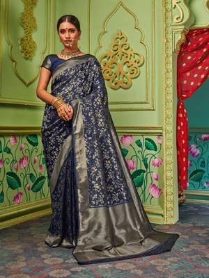 Blue woven banarasi silk saree with blouse 1