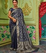 Blue woven banarasi silk saree with blouse