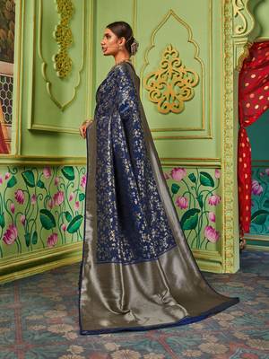 Blue woven banarasi silk saree with blouse 2
