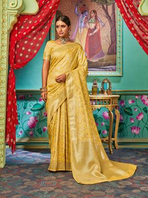 Yellow woven banarasi silk saree with blouse 1