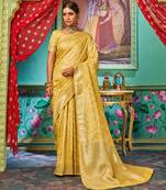Yellow woven banarasi silk saree with blouse