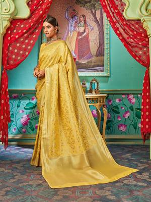 Yellow woven banarasi silk saree with blouse 2