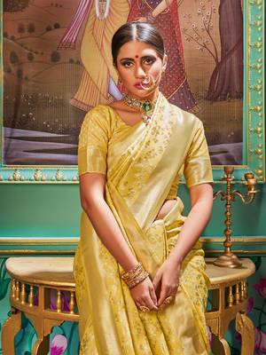 Yellow woven banarasi silk saree with blouse 3
