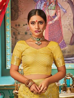 Yellow woven banarasi silk saree with blouse 4