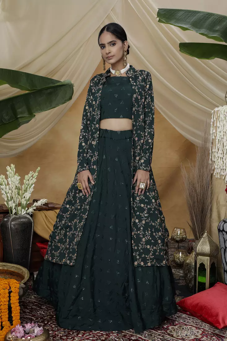 Green Thread and Sequins embroidered chinon semi-stitched lehenga choli with jacket