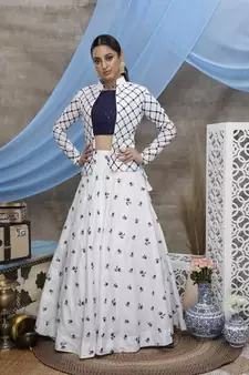 White Thread with sequins Embroidered cotton Semi Stitched bridal lehenga choli with jacket