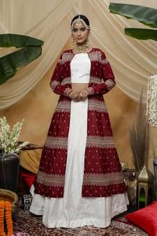 White Thread and Sequins Embroidered chinon Semi Stitched bridal lehenga choli with jacket