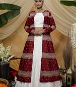 Delightful White & Maroon Thread and Sequins Embroidered Chinon Semi Stitched Party Wear Lehenga choli with jacket