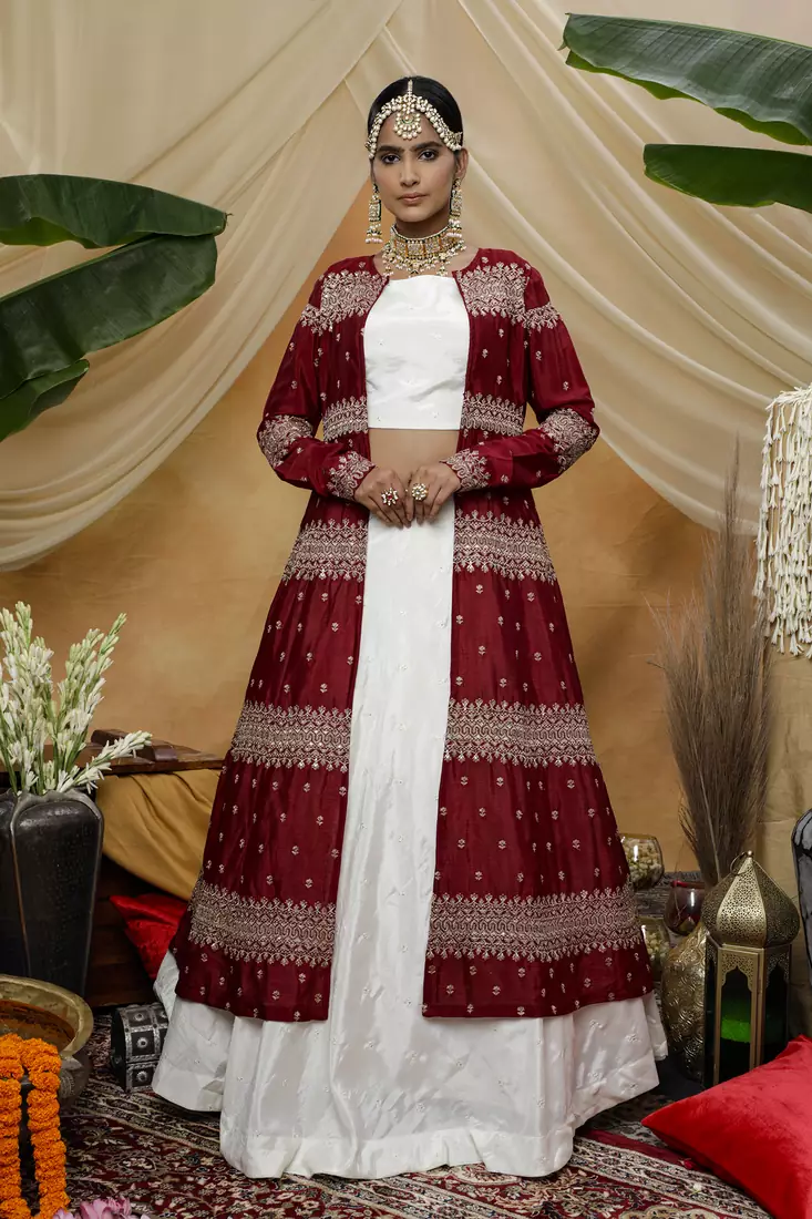 White Thread and Sequins Embroidered chinon Semi Stitched bridal lehenga choli with jacket