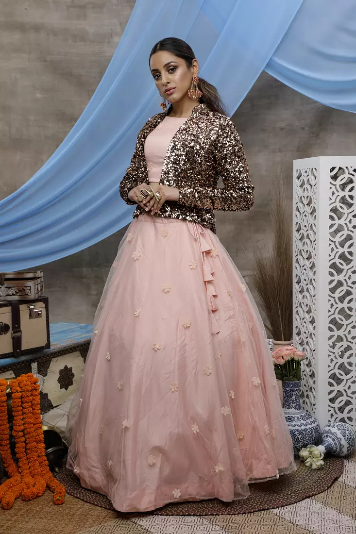 Peach embroidered net Semi Stitched bridal lehenga choli with velvet jacket