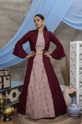 Mesmerizing Dusty Pink & Wine Colored Sequins embroidered net Semi Stitched Lehenga choli with Party wear long jacket 1