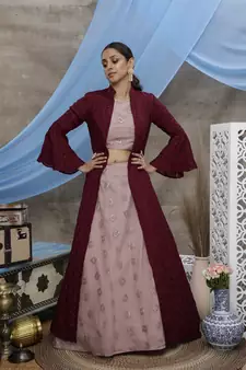 Dusty Pink Sequins embroidered net Semi Stitched bridal lehenga choli with jacket