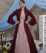 Mesmerizing Dusty Pink & Wine Colored Sequins embroidered net Semi Stitched Lehenga choli with Party wear long jacket