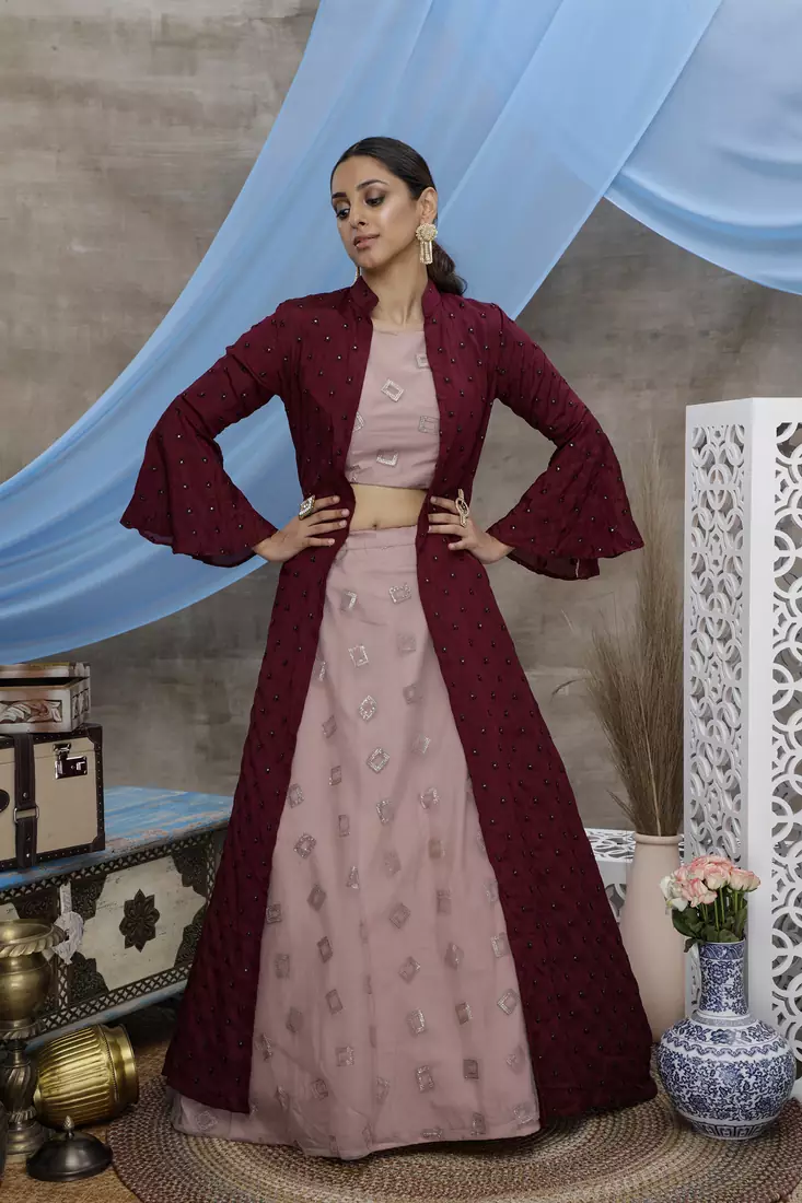 Dusty Pink Sequins embroidered net Semi Stitched bridal lehenga choli with jacket