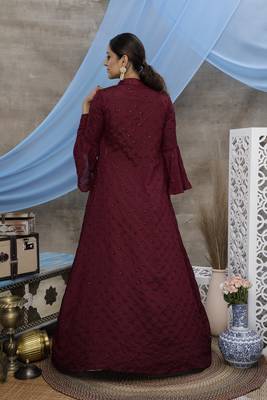 Mesmerizing Dusty Pink & Wine Colored Sequins embroidered net Semi Stitched Lehenga choli with Party wear long jacket 2
