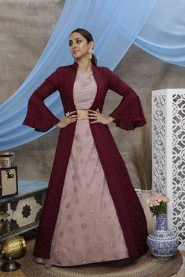 Mesmerizing Dusty Pink & Wine Colored Sequins embroidered net Semi Stitched Lehenga choli with Party wear long jacket 4
