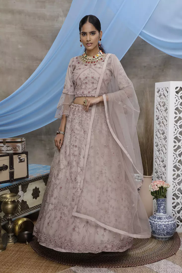 light grayish red embroidered net Semi Stitched bridal lehenga