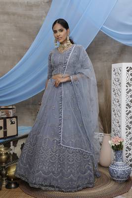 Glamorous Grey Colored coding Embroidered Net Lehenga Choli 1