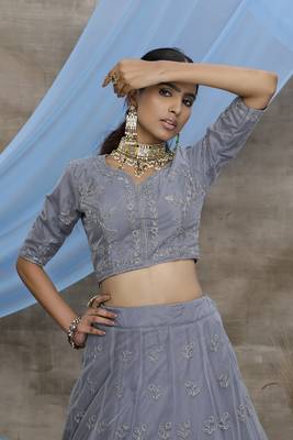 Glamorous Grey Colored coding Embroidered Net Lehenga Choli 3