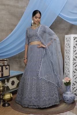 Glamorous Grey Colored coding Embroidered Net Lehenga Choli 4