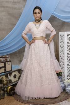 Peach Thread and Sequis=embroidered net Semi Stitched bridal lehenga
