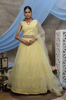Yellow Thread and Sequins embroidered net Semi Stitched bridal lehenga