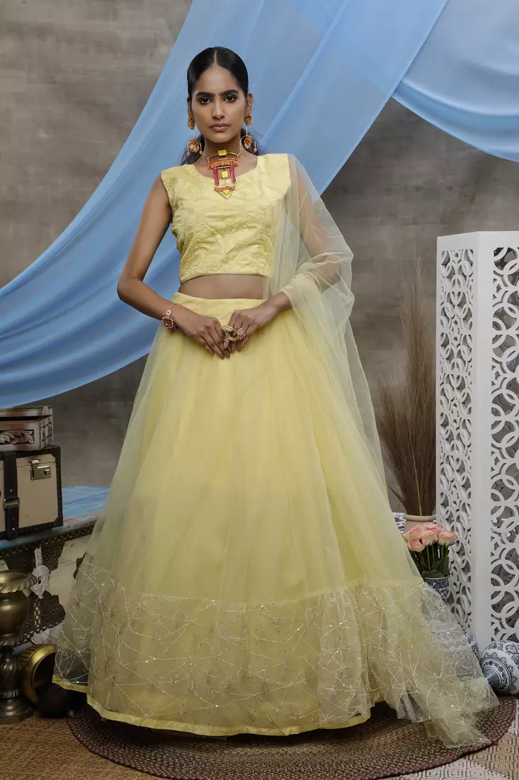 Yellow Thread and Sequins embroidered net Semi Stitched bridal lehenga