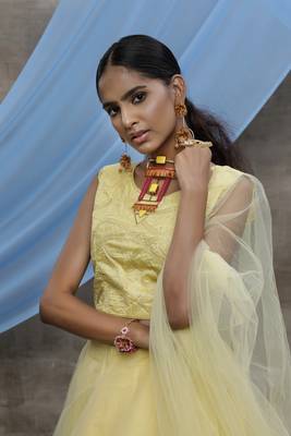Yellow Thread and Sequins embroidered net Semi Stitched bridal lehenga 3