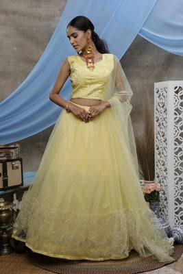 Yellow Thread and Sequins embroidered net Semi Stitched bridal lehenga 4
