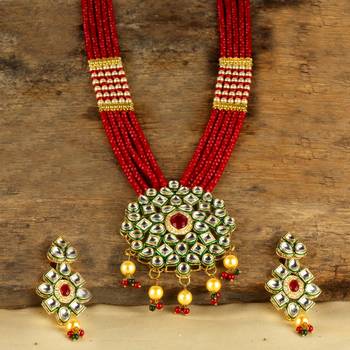 Red Brass Meenakari Beaded Kundan Necklace Set with Earrings 1