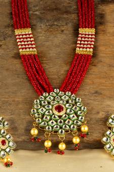 Red Brass Meenakari Beaded Kundan Necklace Set with Earrings