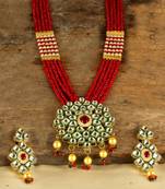 Red Brass Meenakari Beaded Kundan Necklace Set with Earrings