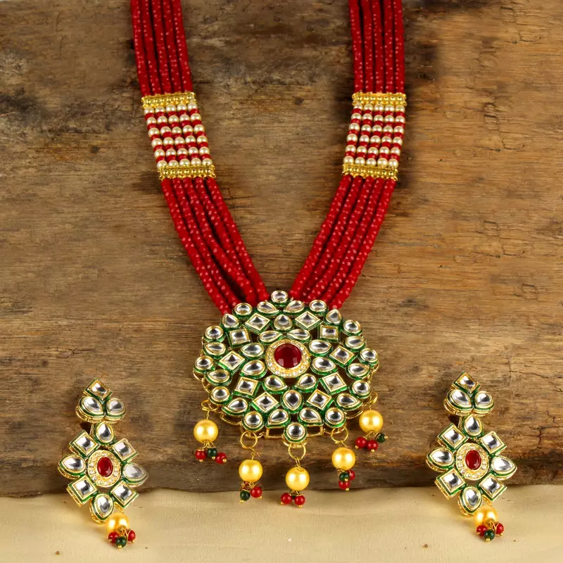 Red Brass Meenakari Beaded Kundan Necklace Set with Earrings