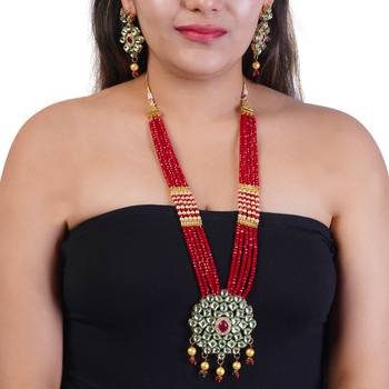 Red Brass Meenakari Beaded Kundan Necklace Set with Earrings 2
