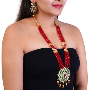 Red Brass Meenakari Beaded Kundan Necklace Set with Earrings 3