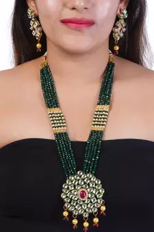 Green Brass Meenakari Beaded Kundan Necklace Set with Earrings