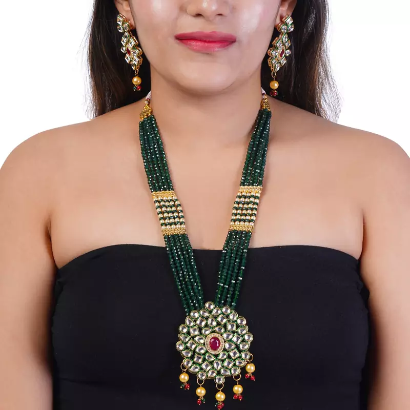 Green Brass Meenakari Beaded Kundan Necklace Set with Earrings