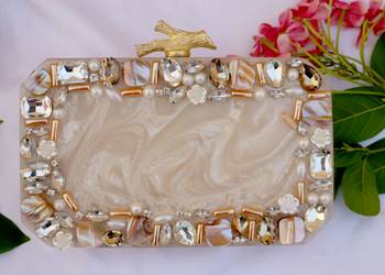 Worthyy Enterprises Women's Acrylic Embellished Clutch purse with Detachable Sling (Cream) 1