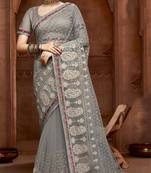 Grey embroidered net saree with blouse